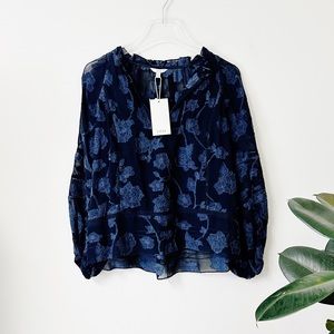 Joie NWT Chaylse Floral-Embroidery Lace-Trim Blouse Navy XS